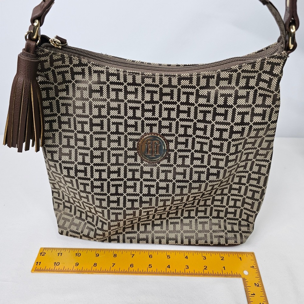 Tommy Hilfiger Hobo Bag Shoulder Purse Monogram Brown Tassel Logo Canvas Medium - Picture 5 of 16